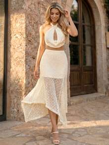 Women's Elegant Beige Sheer Lace Midi Skirt, Asymmetrical Hem High Waist Skirt, Summer Vacation Beach Outfit - Apricot - View 3