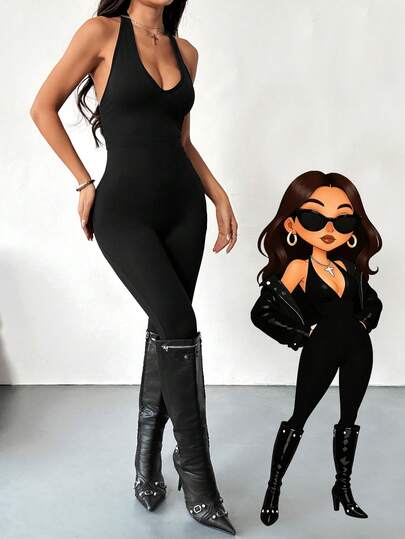 AITYI Studio 休闲露背无袖上衣，修身显瘦，时尚百搭，适合户外运动、毕业典礼、圣诞节、新年、感恩节、秋冬季针织露背连体裤