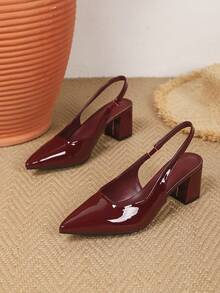 新款时尚女士尖头高跟凉鞋，踝带设计，粗跟，酒红色简约休闲舒适鞋，春夏款 - 酒紅色 - 查看 6