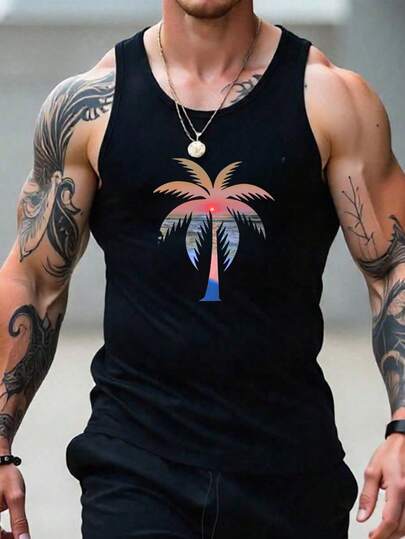 男士休闲度假背心，椰树印花图案，无袖休闲背心，适合度假穿着