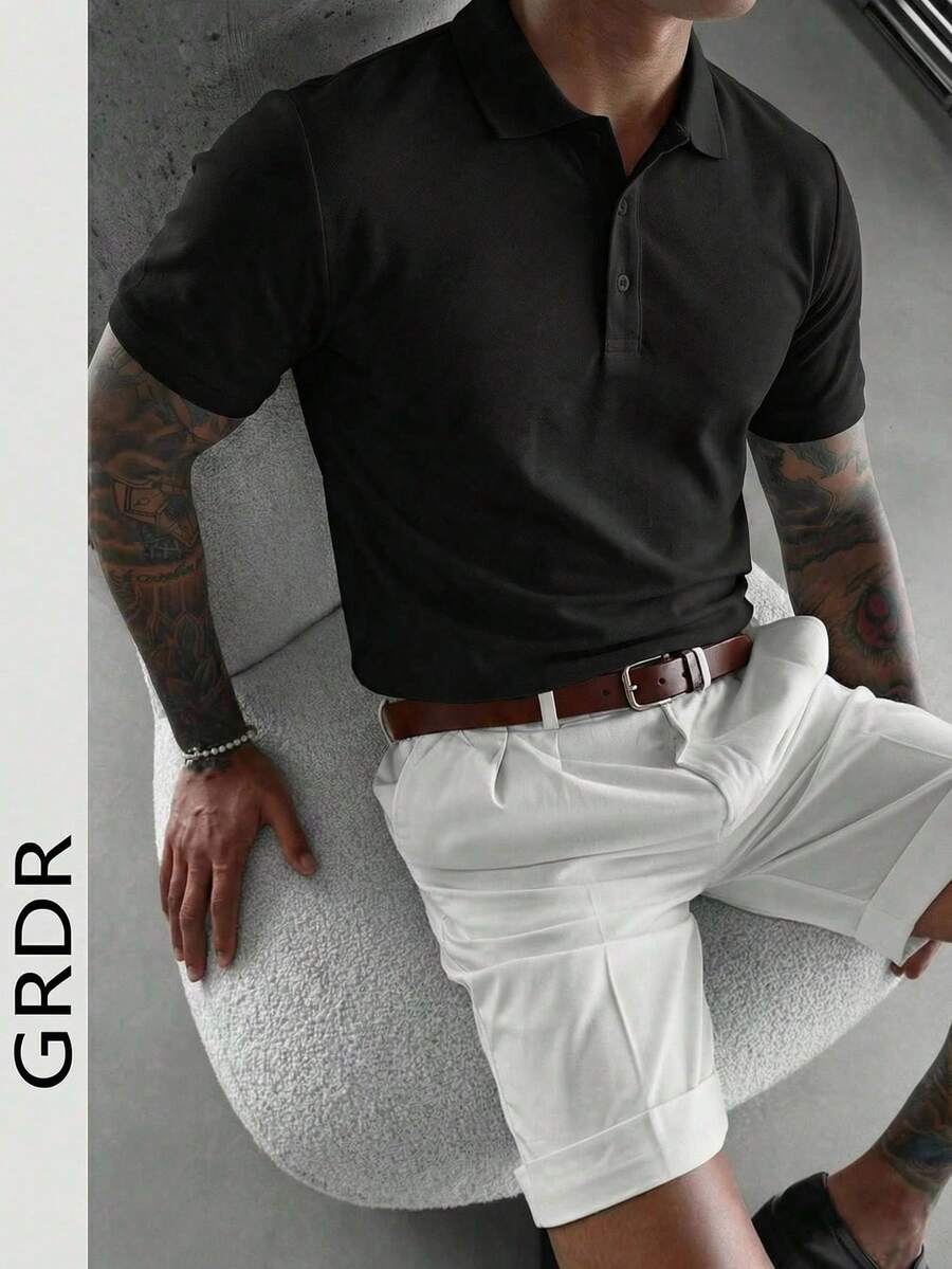 Áo Polo ngắn tay màu trơn, phong cách công sở mùa hè GRDR dành cho nam, kiểu dáng unisex. - màu đen - Xem 1