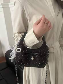 2026款镶钻蝴蝶结褶皱链条单肩手提包，女士款，无吊坠 - 黑色 - 查看 3