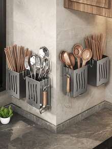 1pc Multi-Function Kitchen Chopstick Holder Organizer, Wall-Mounted Chopstick Drainer Rack, Household Kitchen Utensil Storage Rack, Home Organization Supplies, Kitchen Accessories - Grey - View 7