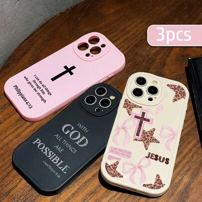 3pcs Christian Bible Verse Phone Cases, Inspirational Religious Quotes & Cross Print Soft TPU Black/Pink/White Phone Covers, Christian Faith Gift Suitable For Daily Life & Church Activities, Compatible With IPhone & Galaxy