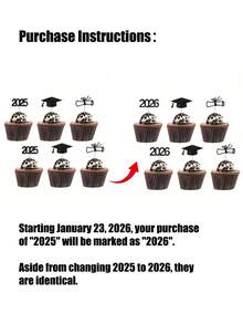 12pcs/Set 2026 Graduation Party Cake Toppers, Dessert Decorative Picks - Black - View 4