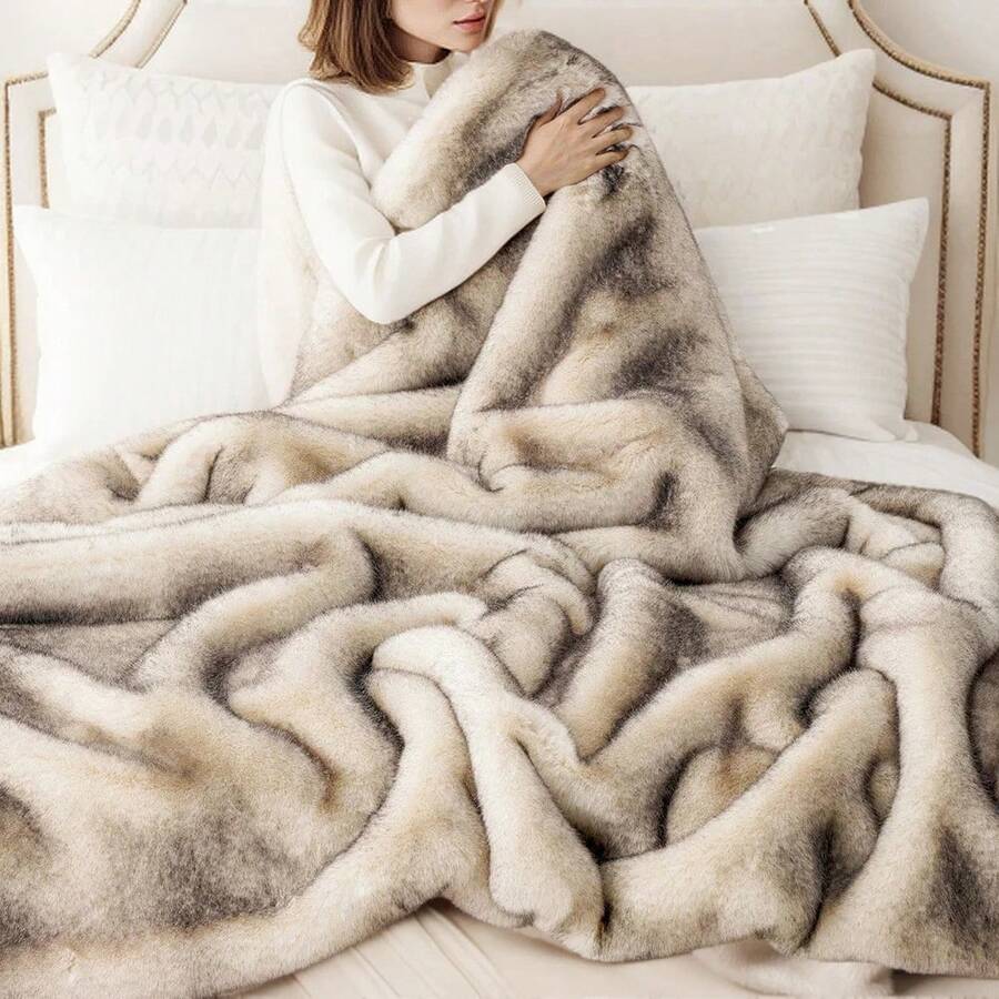 Luxury Fluffy Faux Fur Throw Blanket For Sofa Couch, Cozy Soft Plush Thick Blankets, Decorative Fur Throws With Long Pile & Brushed Tips, Home Decor - 奶油色&灰色 - 查看 1