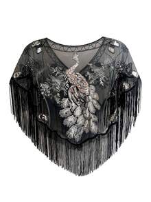 女士亮片披肩背心，绣有孔雀图案，带流苏，一件装。 - 彩色 - 查看 6