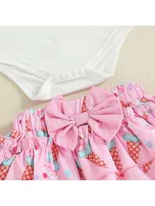 Half Way To One Newborn Baby Girls Birthday Outfits Letter Print Romper Bodysuit Top + Strawberry/Ice Cream/Orange/Watermelon Print Shorts + Bow Headband 3Pcs Clothes Set - 珊瑚粉 - 查看 8