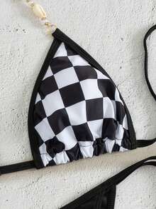 New Women Swimwear Two-Piece Bikini Set, Checkered Pattern Sexy Backless Tie Strap Swimwear For Beach Vacation Black Summer - Black - View 6