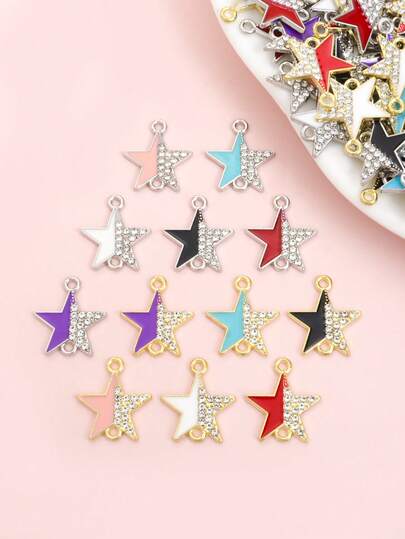 10pcs 6-Colors Drip Oil And Rhinestones Inlay Splicing Five-Pointed Star Connectors For Freedom Creation Of Ornaments, Fashion Versatile Couple Necklace Bracelet Earrings DIY Pentagram Shaped Alloy Double Rings Pendants - Ideal For Daily Wear, Suitable For All Seasons