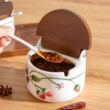 手绘浮雕陶瓷糖盐罐套装，陶瓷底座一体式油醋瓶调味罐，餐厅及厨房储物罐 - 彩色 - 查看 9