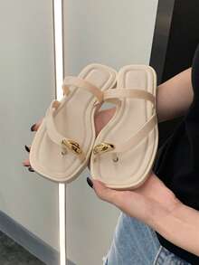 XIXITIAO 1双女士简约撞色人字拖，软底户外凉鞋，百搭纯色平底人字拖，极简风格，舒适休闲，适合海滩/户外/派对穿着 - 杏色 - 查看 12