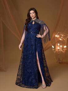 高端蕾丝刺绣泡泡珍珠流苏袖长款连衣裙，适合舞会、婚礼、派对、婚礼宾客礼服、晚礼服等场合。 - 寶藍色 - 查看 1