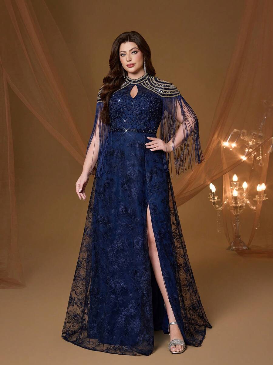 高端蕾丝刺绣泡泡珍珠流苏袖长款连衣裙，适合舞会、婚礼、派对、婚礼宾客礼服、晚礼服等场合。 - 寶藍色 - 查看 1