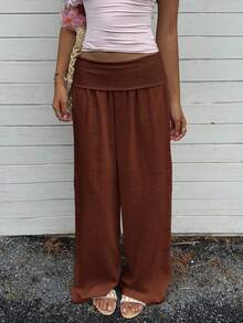 Women Cotton Linen Summer Palazzo Pants Wide Leg Lounge Pants Loose Straight Leg Solid Color Fold Over Low Rise Pants Casual Boho Beach Vacation Trous - 咖啡色 - 查看 2