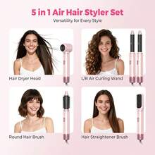 ATOPSKINS 2026升级版五合一多功能专业热造型工具（自动卷发棒+热风梳+直发梳）| 5个可拆卸替换刀头 + 3档温度设置 | 沙龙级多功能造型（卷发/波浪/直发/柔顺/蓬松/内卷/外卷）| 告别毛躁 - 粉色 - 查看 7