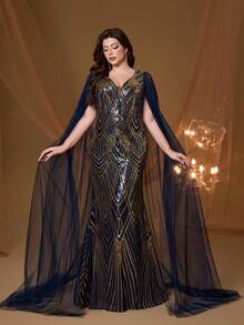 无肩带、V领、刺绣、亮片、泡泡亮片、荷叶袖、修身设计、高端晚礼服，适合晚宴、婚礼、派对、婚礼宾客等场合。 - 寶藍色 - 查看 3