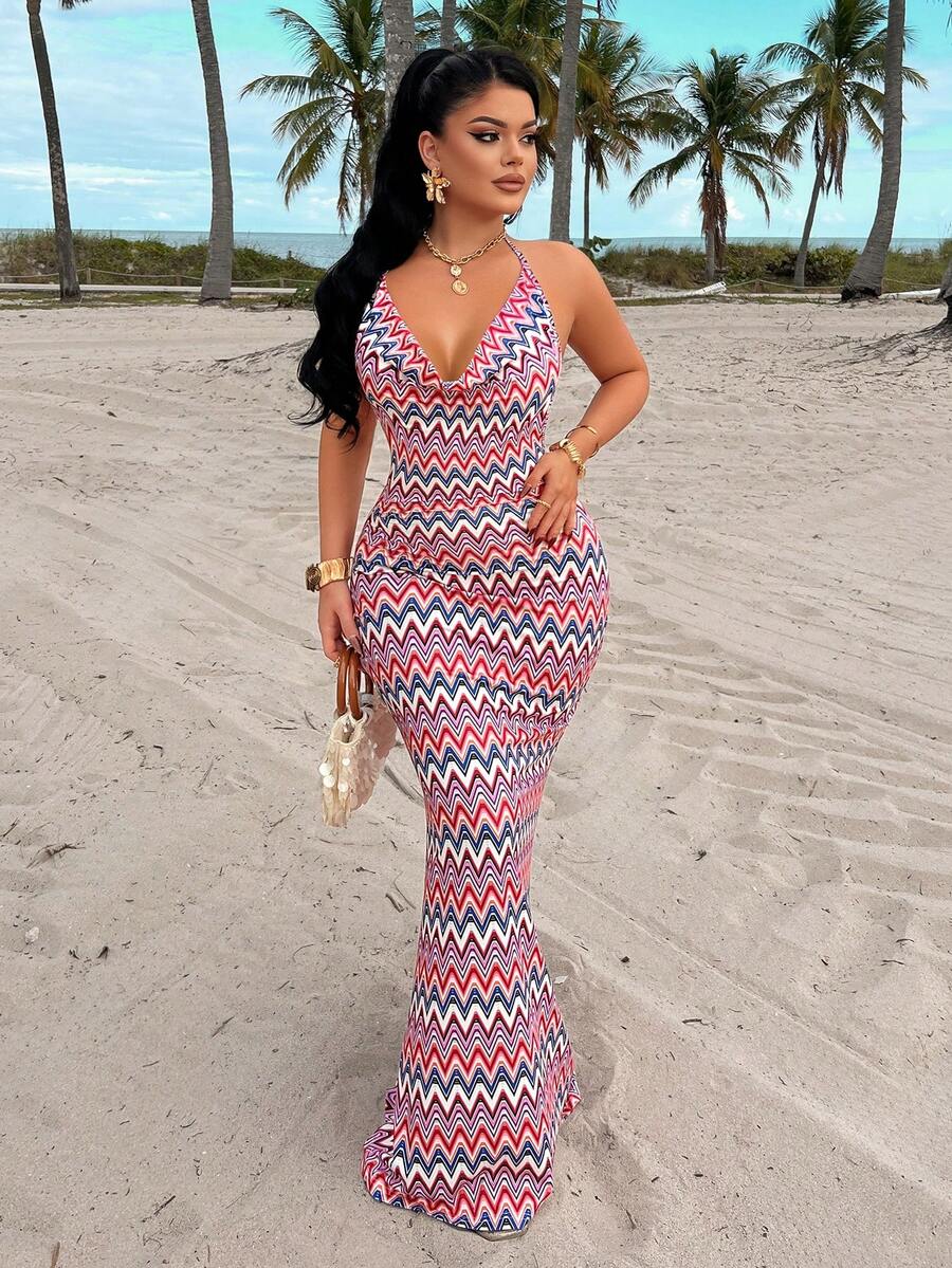 AIJ Amarilo优雅无袖深V领针织修身长裙，露背设计，适合女士派对穿着 - 彩色 - 查看 1