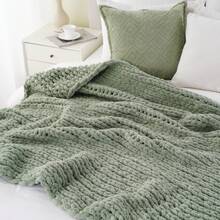 Sage Green Chunky Knit Throw Blanket,Handmade Cable Knit Crochet Blanket,Soft Thick Chenille Throw Blankets For Spring Living Room Decor,50"X60" - 淺綠色 - 查看 7