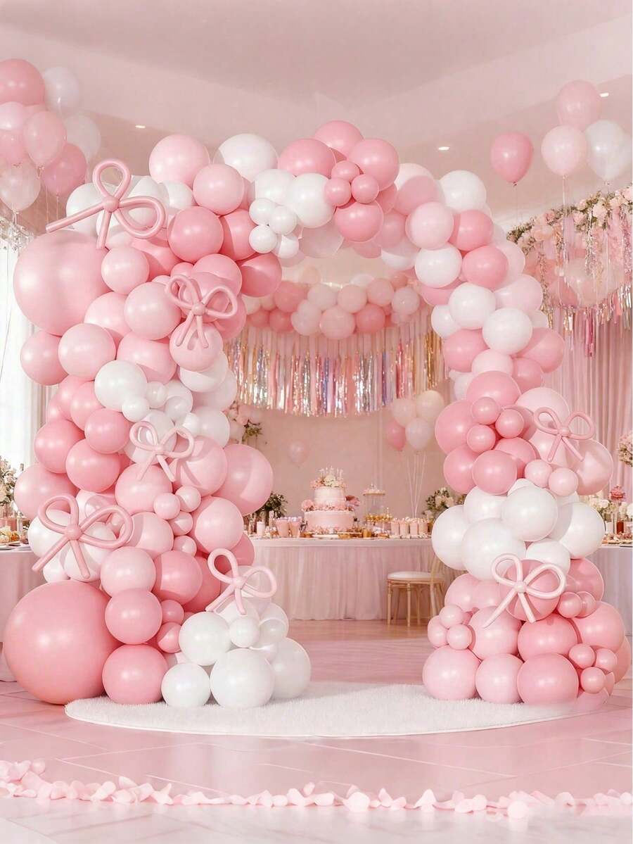 179pcs Pink And White Balloon Garland Arch Set, Perfect For Birthday Party, Pink Bow Theme Party, Bridal Shower, Wedding, Engagement, Baby Shower, Princess Tea Party And Other Party Supplies - 粉色 - 查看 1