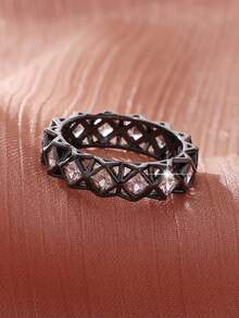 1 pieza Anillo de boda de banda cuadrada de circonita blanca - Negro de pistola - Ver 2