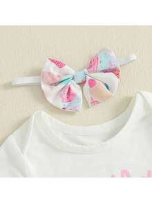 Half Way To One Newborn Baby Girls Birthday Outfits Letter Print Romper Bodysuit Top + Strawberry/Ice Cream/Orange/Watermelon Print Shorts + Bow Headband 3Pcs Clothes Set - 西瓜粉 - 查看 6