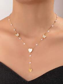 A Fashionable And Elegant Y-Shaped Necklace Imitating Pearls, Hearts, And Butterflies - Multicolor - View 5