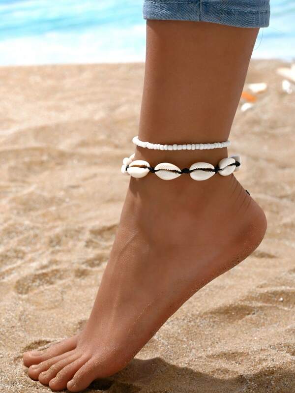 2 piezas Tobilleras bohemias de moda sexy, retro, minimalistas y elegantes de verano con conchas acrílicas, cuentas de vidrio, adecuadas para uso diario casual, fiestas, festivales de música y atuendos de vacaciones en la playa de las mujeres