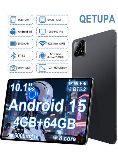 Qetupa Tablette PC Android 15 de 10,1 pouces, 4 Go de RAM + 64 Go de stockage (prend en charge une extension jusqu'à 1 To), processeur octa-core MTK6750 à 2,0 GHz, écran tactile IPS HD (1280x800), caméra frontale 5 MP et caméra arrière 13 MP, batterie longue durée de 6000 mAh, Wi-Fi 802.11ax 6, Bluetooth 5.2, GPS, port de charge USB-C