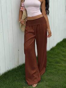 Women Cotton Linen Summer Palazzo Pants Wide Leg Lounge Pants Loose Straight Leg Solid Color Fold Over Low Rise Pants Casual Boho Beach Vacation Trous - 咖啡色 - 查看 5