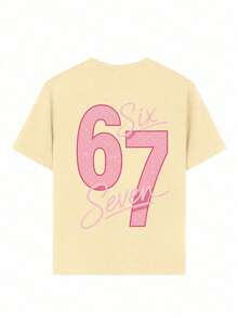 Tween Girl Star Element Six Seven 67 Cartoon Print T-Shirt, Fashionable And Versatile Casual Top, Suitable For Girls' Daily Casual Wear - Apricot - View 4