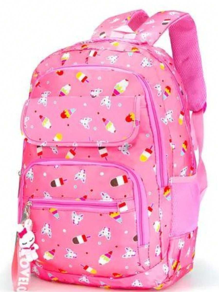 Girls' School Backpack, Reinforced Polyester Youth Bag - YT-1306 Pink With Details - View 1