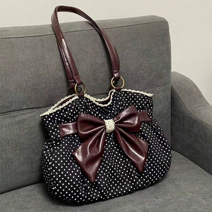 Women's Vintage Bow & Polka Dot Tote Bag - Sweet Crossbody/Handbag With Lace Trim, /, Zipper Closure, Strap - Casual Commuter Purse, Birthday/Valentine's Gift Suitable For Women - 白色 - 查看 1