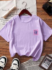 Tween Girls Tropical Print Short Sleeve T-Shirt, Comfortable & Fashionable Summer Top For Young Students - Purple - View 4