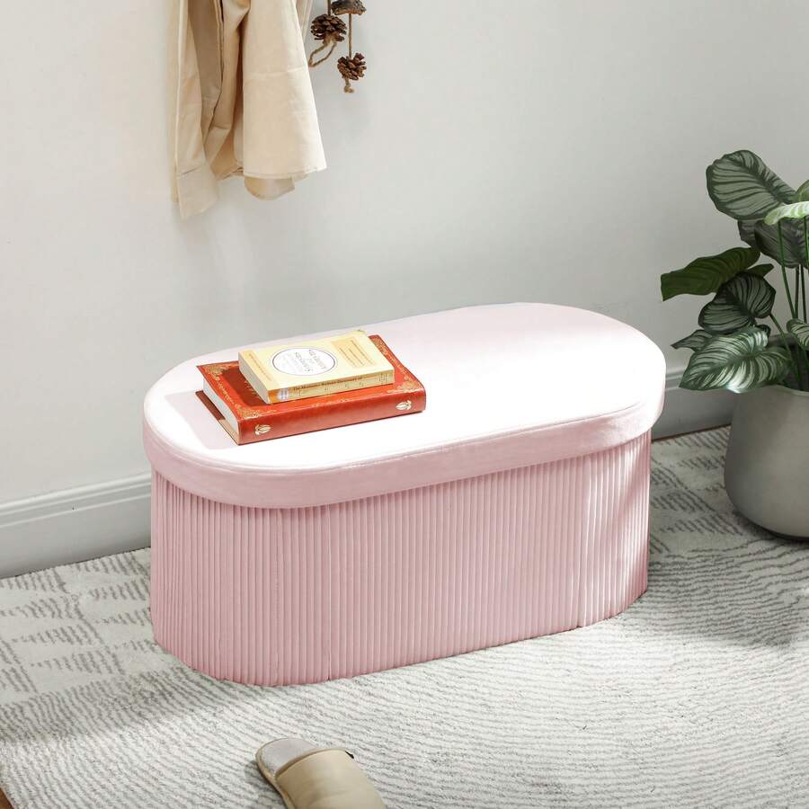 Ghế đôn gấp gọn HOMCOM, ghế dài bọc nhung hiện đại, ghế gác chân có ngăn chứa đồ 72L cho phòng khách và phòng ngủ, kích thước 76x38x35 cm. - Hồng - Xem 1