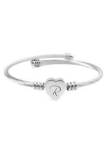 1pc Stainless Steel Heart-Shaped Bangle With 26 Alphabet Letters, Unisex Fashion Minimalist Style Bracelet, Suitable For Daily Wear, Parties, And Gifts - Silver - View 33