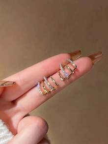 1pair Fashionable Multi-layered Geometric Arc-shaped Earrings With Four Claw Set Rhinestones For Women - Yellow Gold - View 4