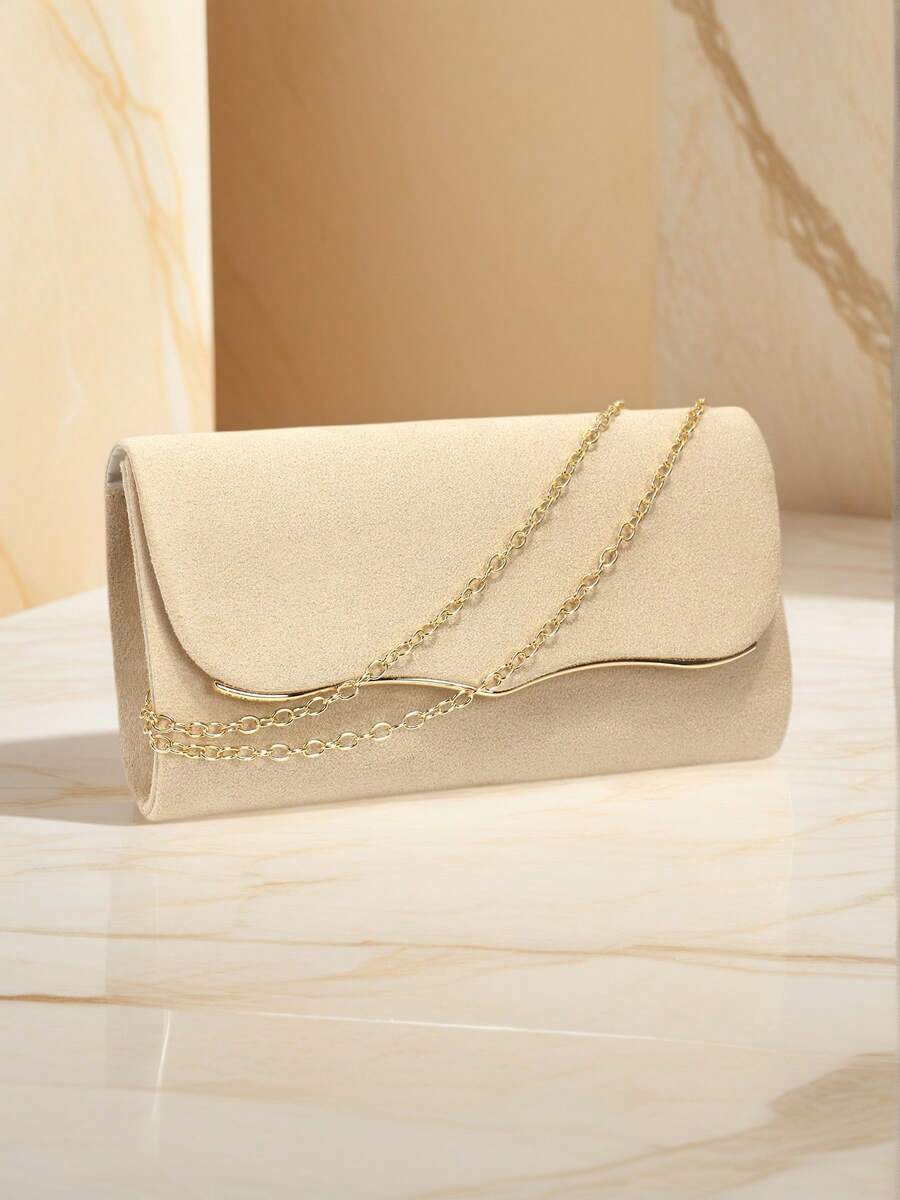 杏色信封设计派对/婚礼手拿包，女士链条单肩手提包，天鹅绒时尚钱包 - 杏色 - 查看 1