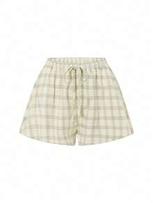 Women Plaid Outfit, Long Sleeve Tie-Up Crew Neck T-Shirt With Elastic Waist Shorts Summer Outfit - 綠色 - 查看 10