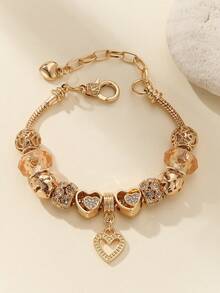 1pc Charm Rhinestone Inlaid Hollow Out Love & Bead Decor Bracelet, Suitable For Women's Daily Wear Valentines - Multicolor - View 4