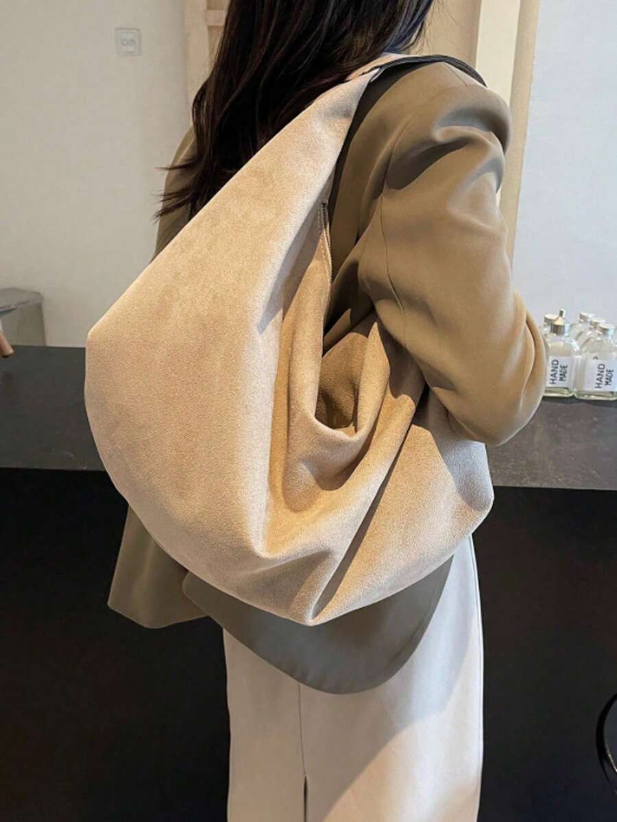 1pc Large Capacity Solid Color Suede Handbag, Women's Casual Shoulder Bag, Fashion Crossbody Bag, Suitable For Women's Daily Use, Popular Women's Bag, Women's Handbag, Perfect Match For Women's Outfits, 2026 New Fashion Women Bag - 米色 - 查看 1