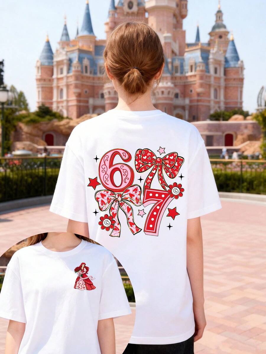 Disney Women's T-Shirt Featuring A Double-Sided Lettering Print Of Disney's Princess Ariel. Crafted From Soft, Comfortable, And Durable 100% Cotton Fabric. This Spring/Summer Women's Crew Neck T-Shirt Is Perfect For Everyday Wear, Shopping, Parties, Travel, Gatherings, And Makes An Excellent Gift. - White - View 1
