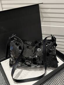 New Fashionable Sequin Square Bag, Zipper Opening, Lightweight Minimalist, Small Capacity Evening Bag, Soft Surface Shoulder Underarm Bag - Black - View 8