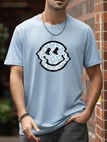 Men's Casual Smiling Face Print Short Sleeve T-Shirt, Comfortable & Breathable, For Summer - Baby Blue - View 2