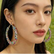 1 Pair Fashionable 7-Color Rhinestone C-Shape Hoop Earrings, Suitable For Women's Daily Wear And Gift - Silver - View 18