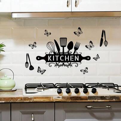 1pc Black Silhouette Kitchenware Wall Sticker, PVC Self-Adhesive Removable Sticker, Kitchen Wall Decoration, Restaurant Atmosphere Decoration, Holiday Family Gathering Scene Decoration, Kitchen Refrigerator Cabinets, Etc