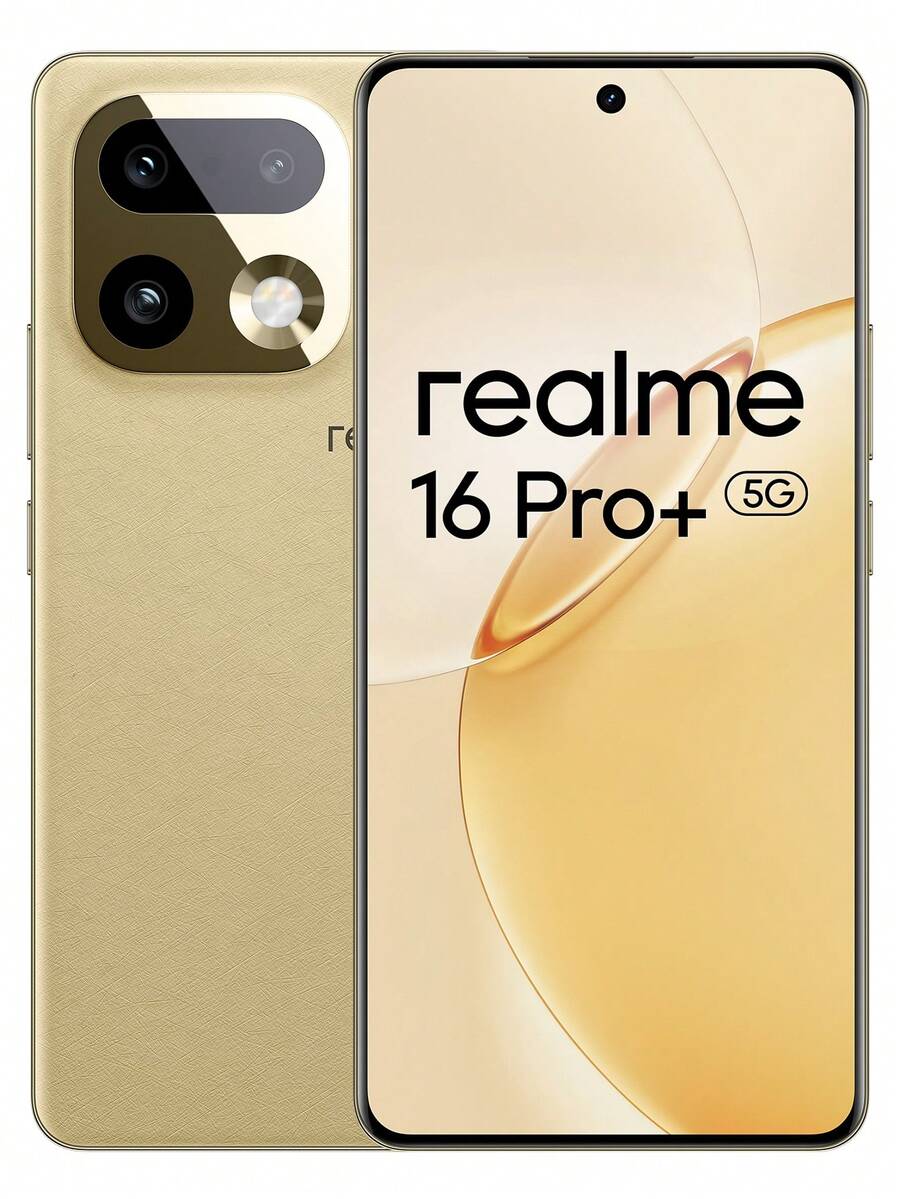 Realme 16 Pro+ 5G 8GB+256GB | 12GB+512GB 全球版，解锁手机，2亿像素摄像头，安卓16游戏手机，6.83英寸144Hz显示屏，7000mAh电池，8.25mm超薄，不含适配器 - 金色 - 查看 1
