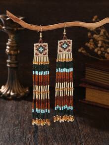 手工编织串珠流苏耳环，波西米亚风，复古方形，棕蓝撞色流苏设计，金色珠饰点缀，日常、派对、节日佩戴皆宜，男女皆宜的礼物 - 多色流蘇耳環 - 查看 6