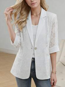 2026春夏新款女士休闲白色蕾丝西装外套，七分袖，镂空设计 - 白色 - 查看 8