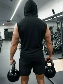 Men's Casual Open-Hem Hooded Tank Top, Suitable For Daily Wear, Gym, Running, Basketball - Black - View 2